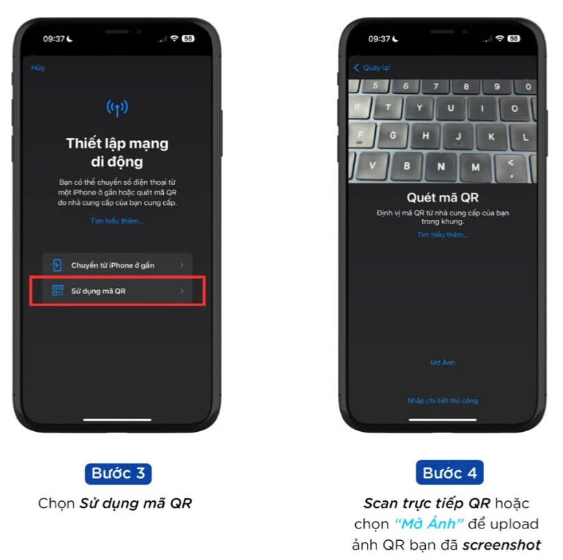 Hướng dẫn quét eSIM iOS các bước tiếp theo